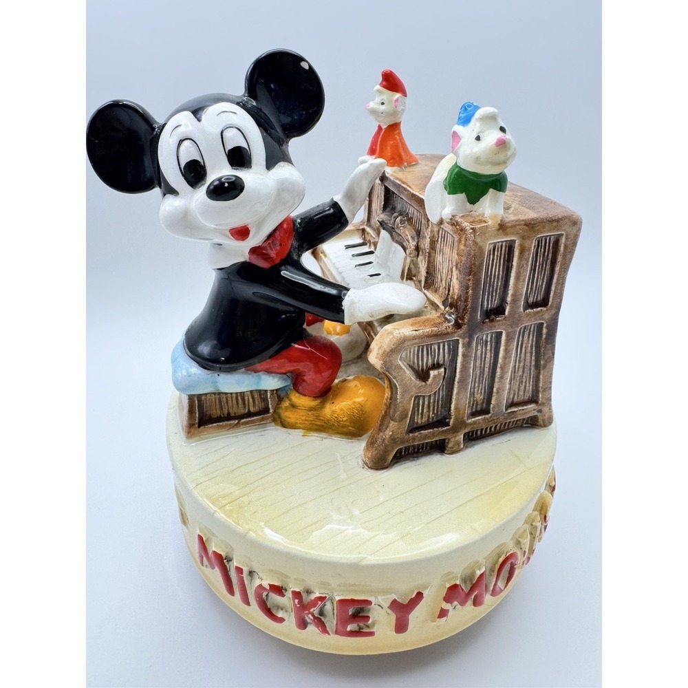 Mickey Mouse Music Box Walt Disney Japan Ceramic Piano Figurine Vintage